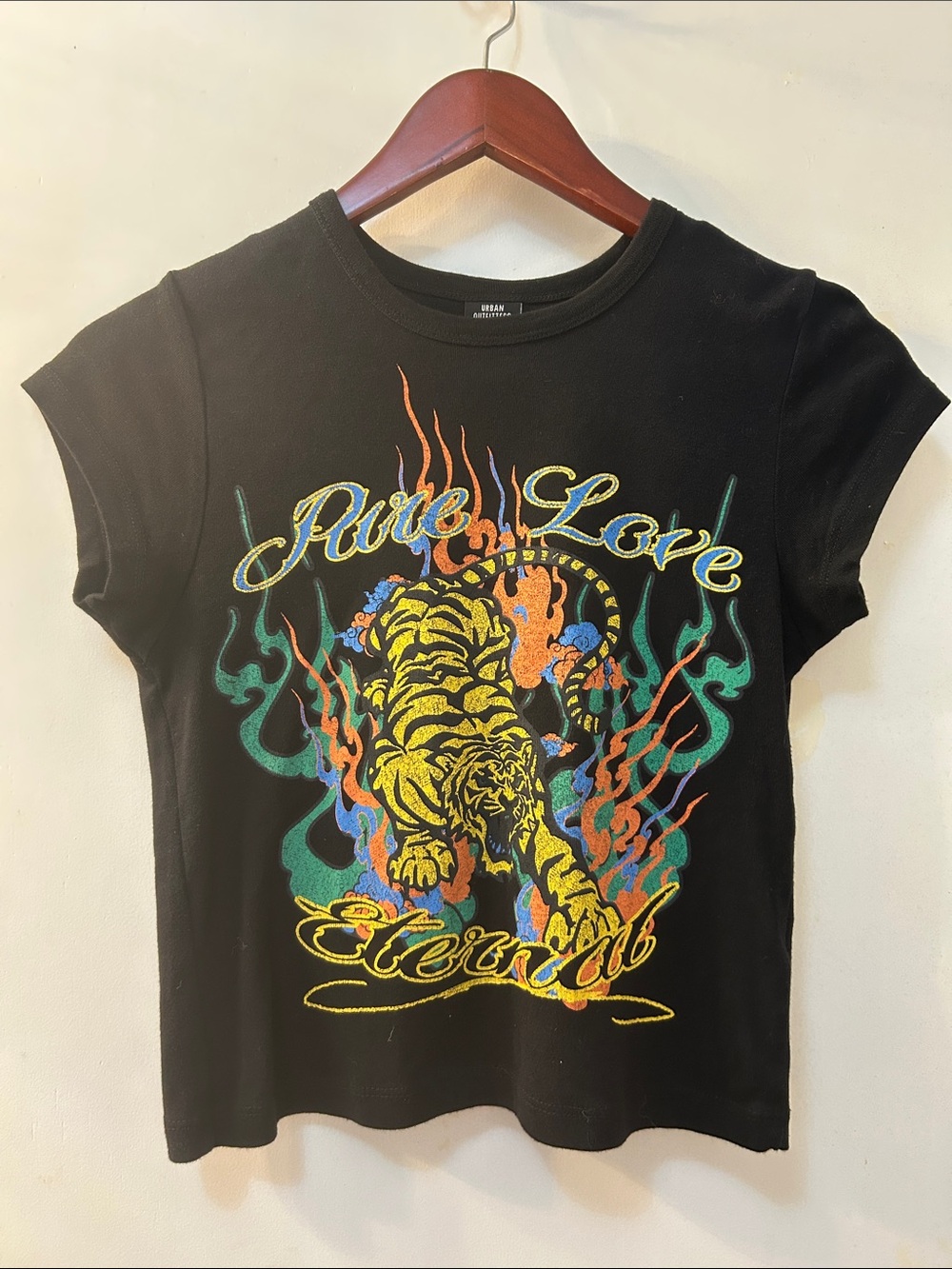 Urban Outfitters Pure Love Eternal Black Baby Tee with Yellow Tiger Graphic, M